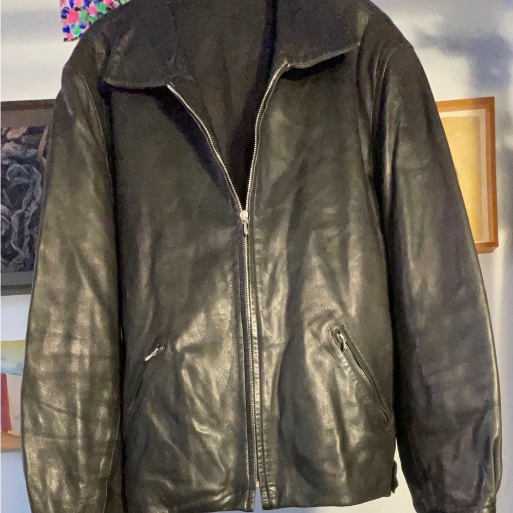 Black leather Aviator jacket by French design icon agnès b. Made in France L/XL